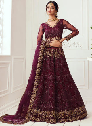 Vegaa Fashion Wine Net Embroidered Wedding Lehenga