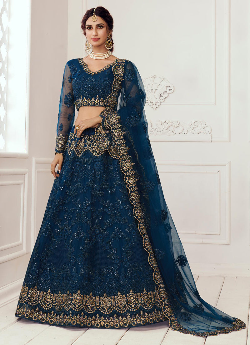 Vegaa Fashion Blue Net Embroidered Wedding Lehenga - Distacart