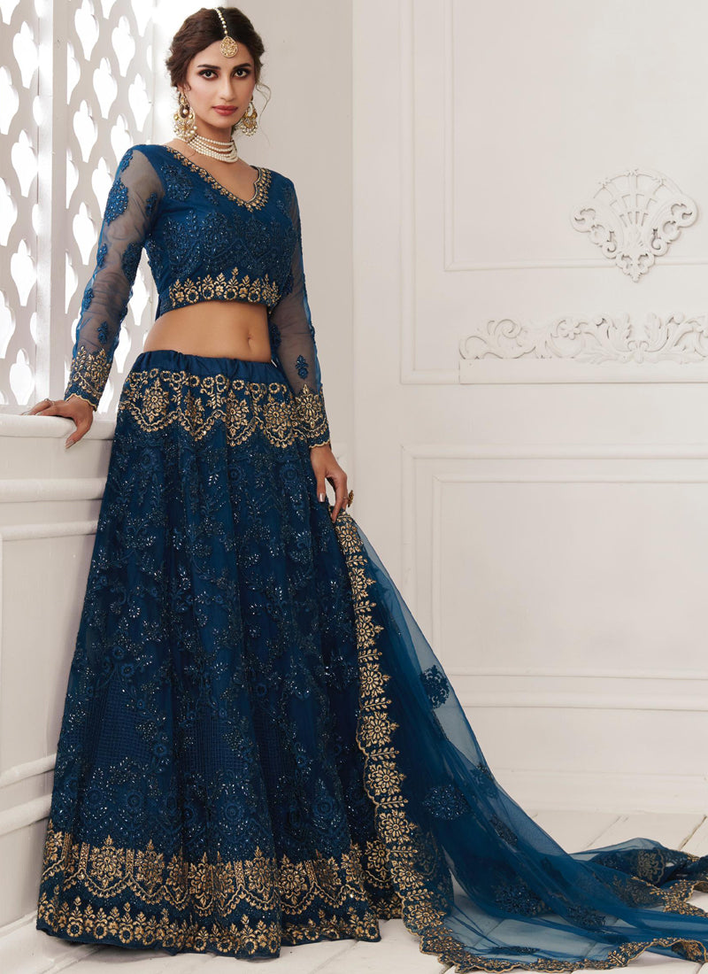 Vegaa Fashion Blue Net Embroidered Wedding Lehenga - Distacart