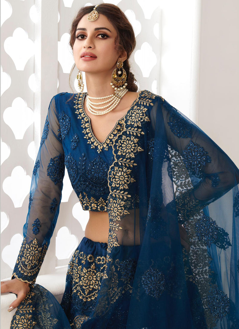 Vegaa Fashion Blue Net Embroidered Wedding Lehenga