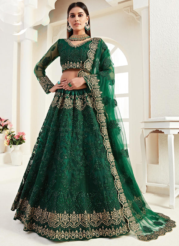 Vegaa Fashion Green Net Embroidered Wedding Lehenga
