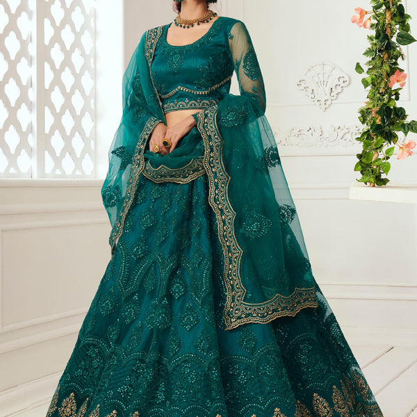 Vegaa Fashion Teal Green Net Embroidered Wedding Lehenga - Distacart