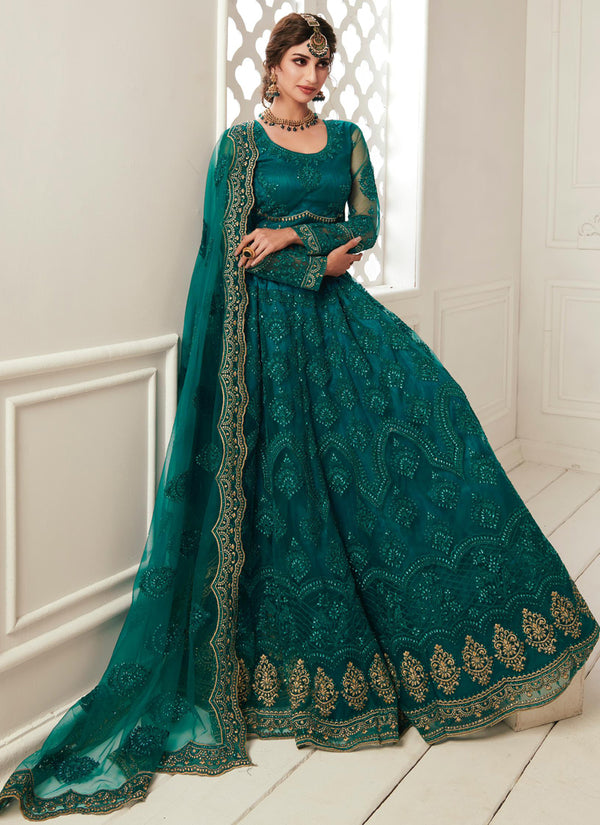 Vegaa Fashion Teal Green Net Embroidered Wedding Lehenga