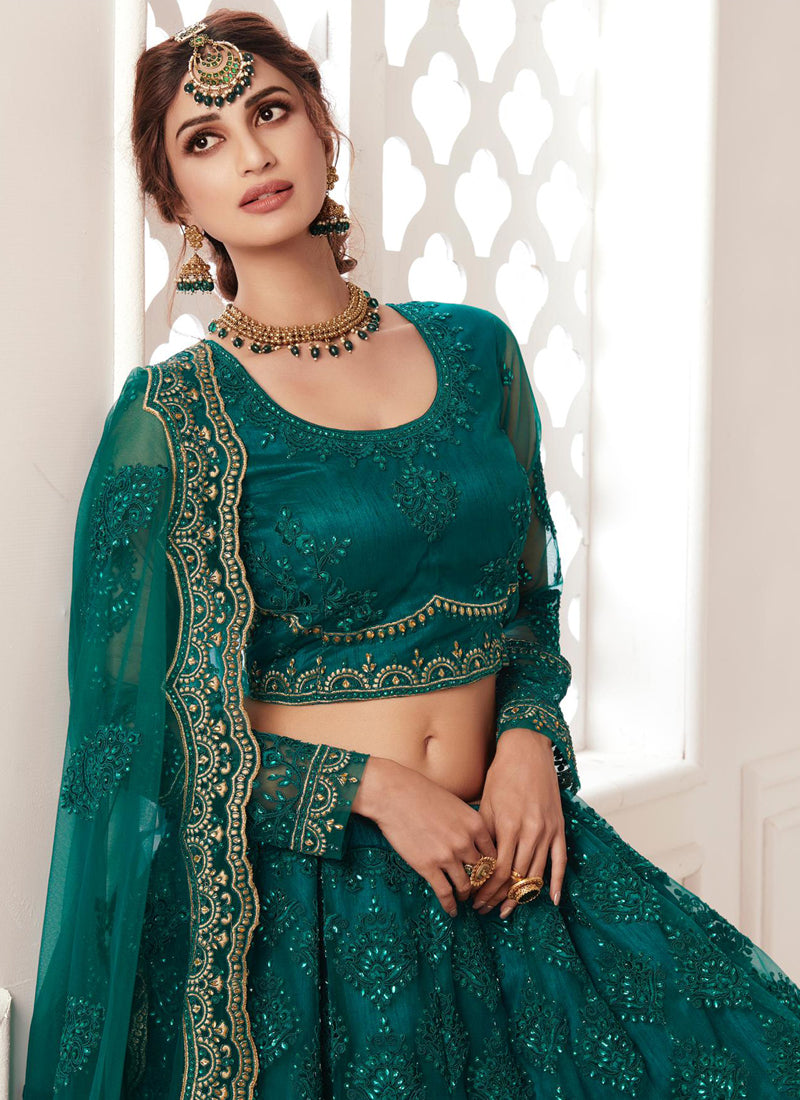 Vegaa Fashion Teal Green Net Embroidered Wedding Lehenga