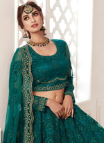 Thumbnail for Vegaa Fashion Teal Green Net Embroidered Wedding Lehenga
