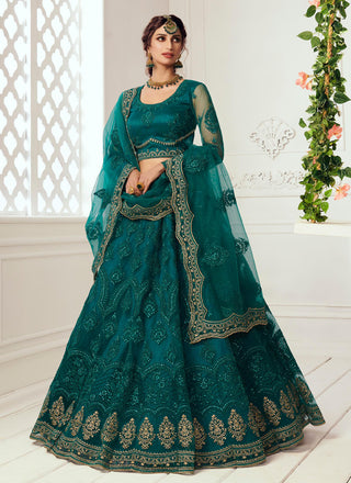 Vegaa Fashion Teal Green Net Embroidered Wedding Lehenga