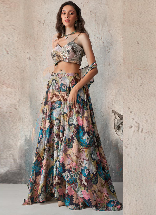 Vegaa Fashion Blue Chinon Western Plazzo Style Lehenga