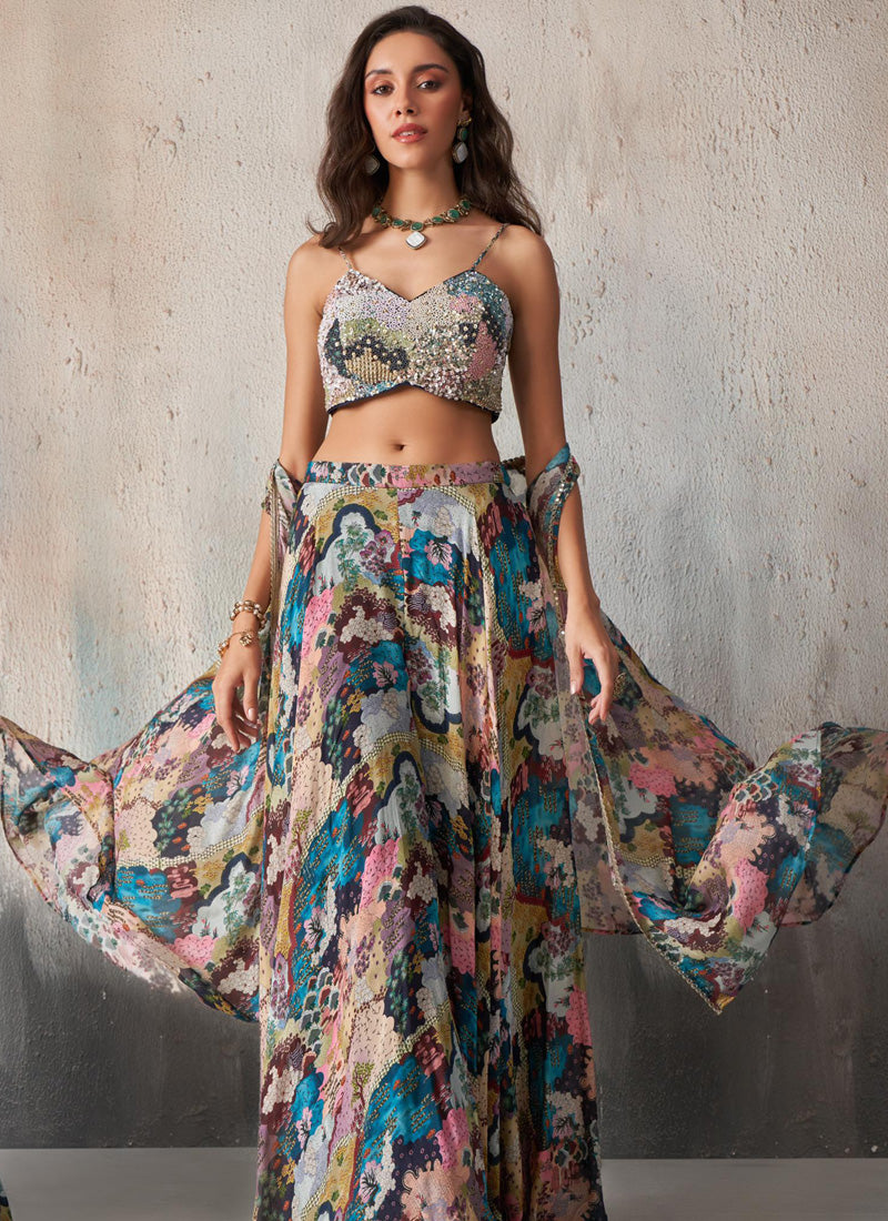 Vegaa Fashion Blue Chinon Western Plazzo Style Lehenga
