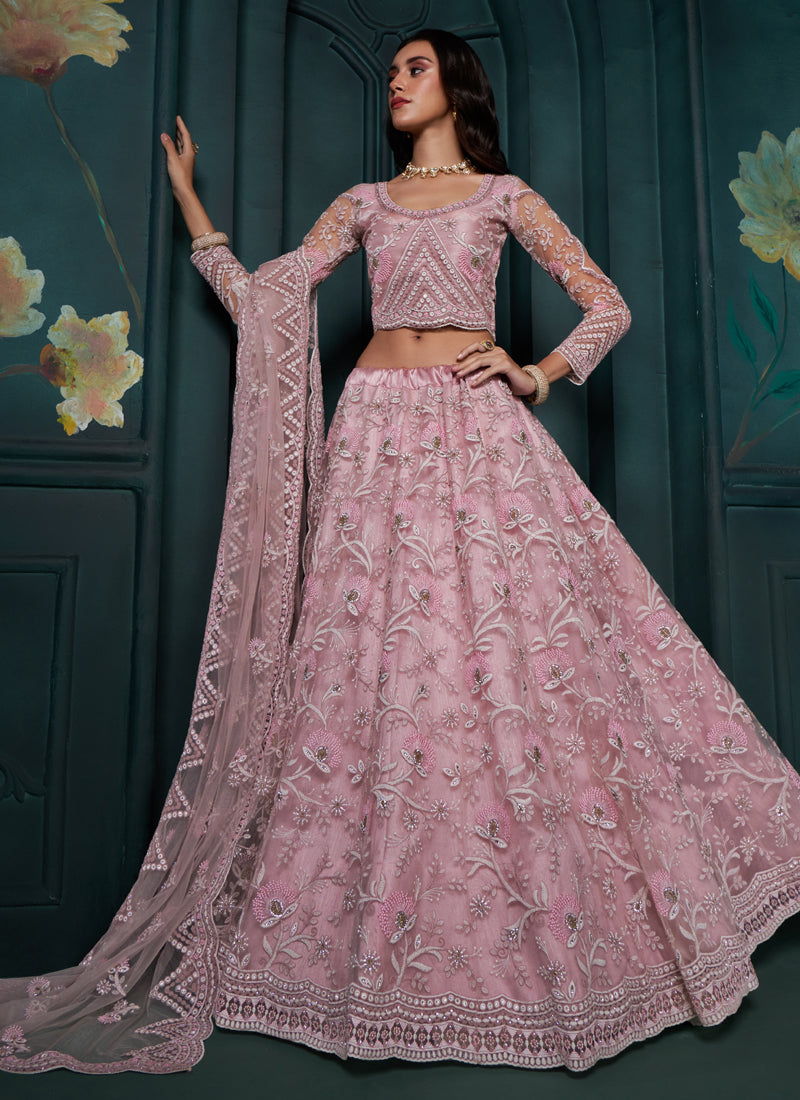 Vegaa Fashion Dusty Pink Net Embroidered Wedding Lehenga - Distacart