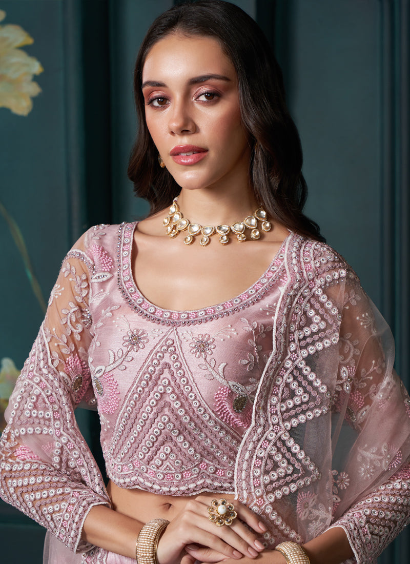 Vegaa Fashion Dusty Pink Net Embroidered Wedding Lehenga