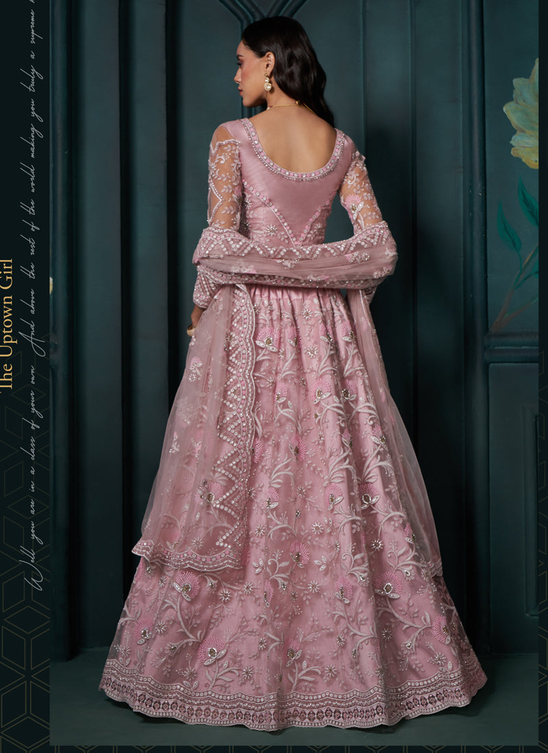Vegaa Fashion Dusty Pink Net Embroidered Wedding Lehenga