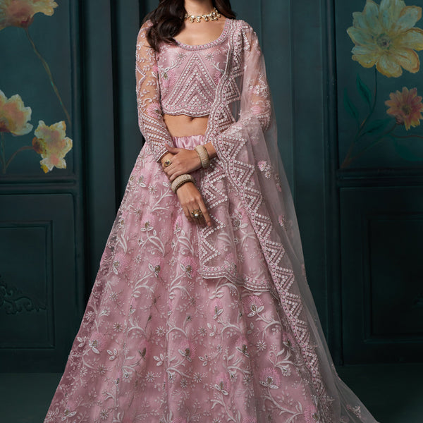 Vegaa Fashion Dusty Pink Net Embroidered Wedding Lehenga - Distacart