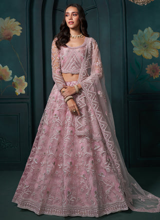 Vegaa Fashion Dusty Pink Net Embroidered Wedding Lehenga