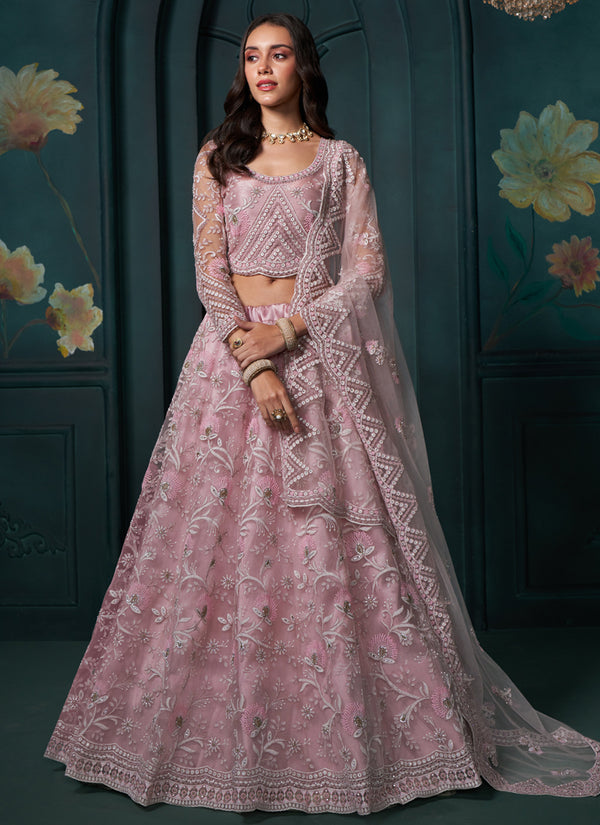 Vegaa Fashion Dusty Pink Net Embroidered Wedding Lehenga