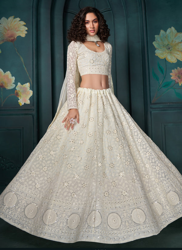 Vegaa Fashion Off White Georgette Embroidered Wedding Lehenga
