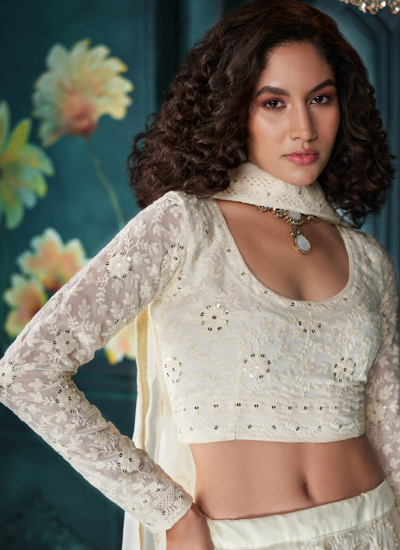 Vegaa Fashion Off White Georgette Embroidered Wedding Lehenga
