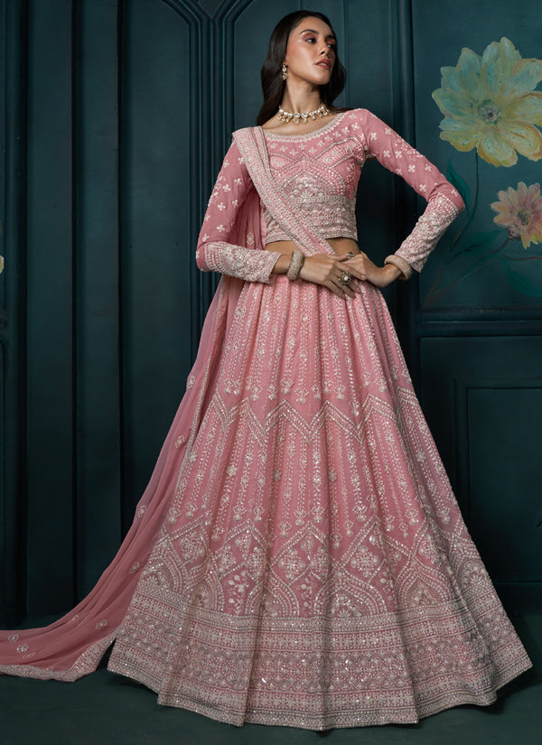 Vegaa Fashion Pink Georgette Embroidered Wedding Lehenga
