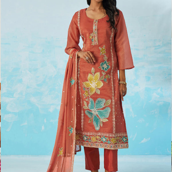 Vegaa Fashion Red Organza Embroidered Party Wear Suit - Distacart