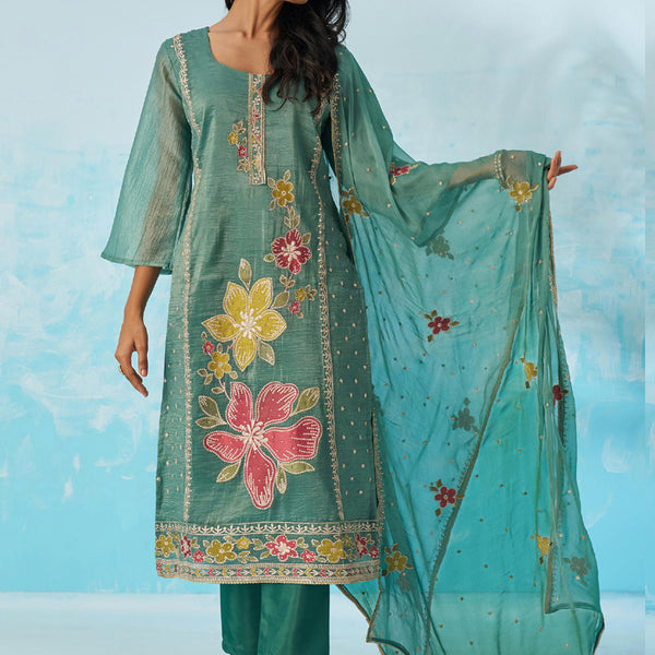 Vegaa Fashion Turquoise Organza Embroidered Party Wear Suit - Distacart