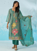 Thumbnail for Vegaa Fashion Turquoise Organza Embroidered Party Wear Suit - Distacart