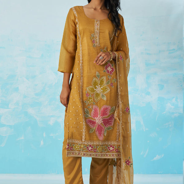 Vegaa Fashion Mustard Organza Embroidered Party Wear Suit - Distacart