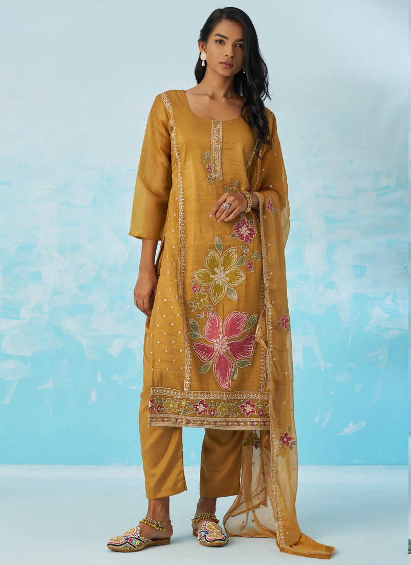 Vegaa Fashion Mustard Organza Embroidered Party Wear Suit