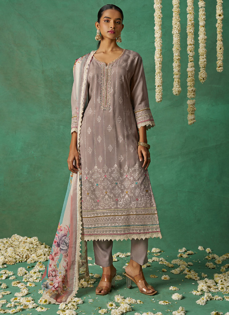 Vegaa Fashion Beige Pure Organza Embroidered Wedding Wear Suit