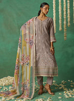 Thumbnail for Vegaa Fashion Beige Pure Organza Embroidered Wedding Wear Suit - Distacart