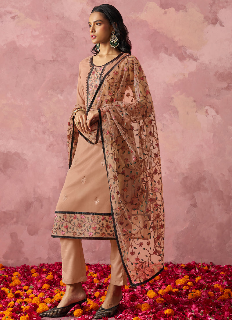 Vegaa Fashion Light Orange Georgette Embroidered Salwar Suit