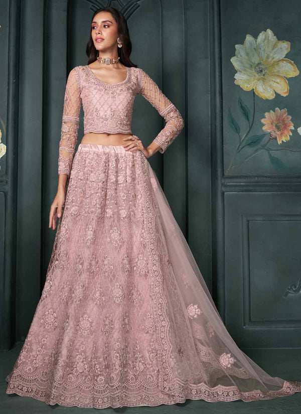 Vegaa Fashion Designer Dusty Pink Net Embroidery Bridal Lehenga
