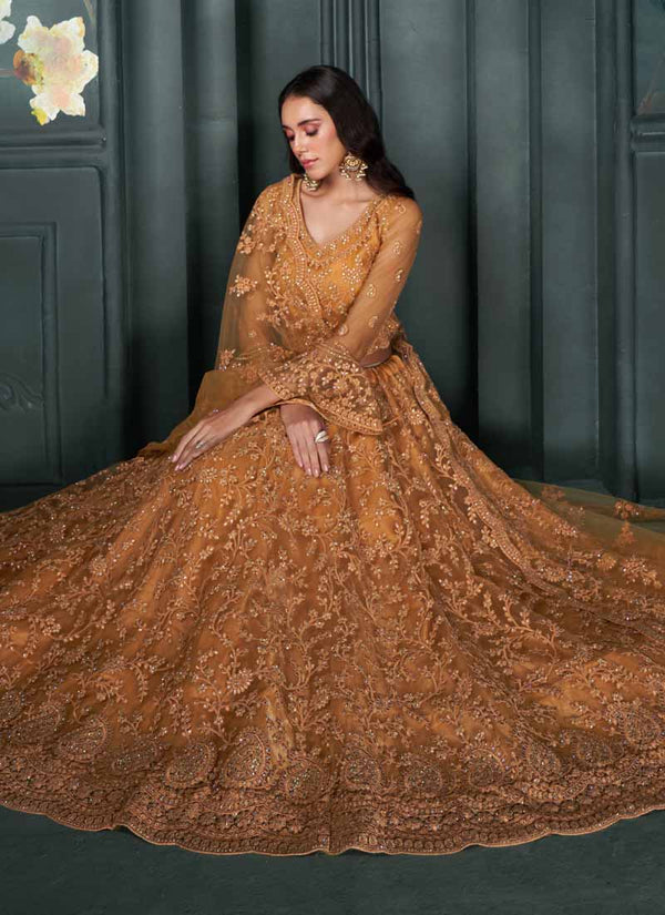 Vegaa Fashion Designer Orange Net Embroidery Bridal Lehenga