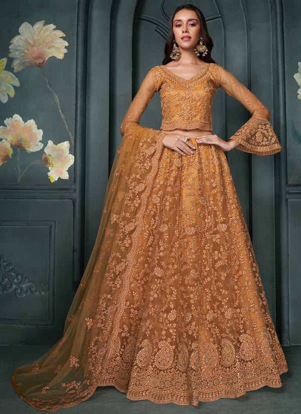 Vegaa Fashion Designer Orange Net Embroidery Bridal Lehenga