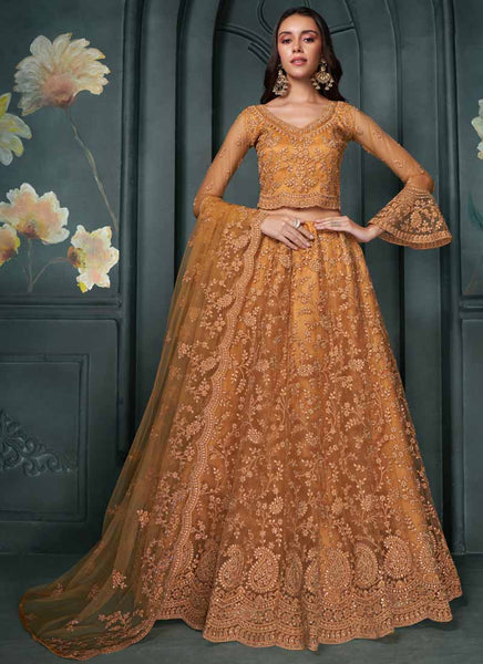 Vegaa Fashion Designer Orange Net Embroidery Bridal Lehenga