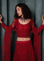 Thumbnail for Vegaa Fashion Designer Red Net Embroidery Bridal Lehenga