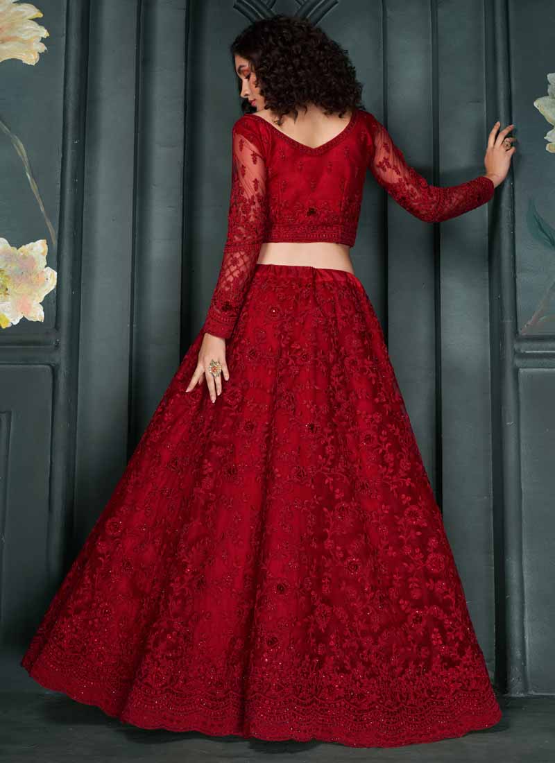 Vegaa Fashion Designer Red Net Embroidery Bridal Lehenga