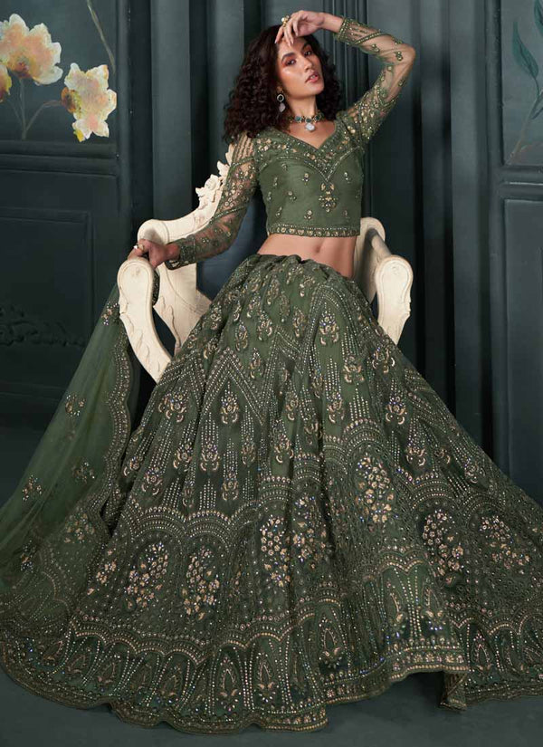 Vegaa Fashion Designer Mehendi Net Embroidery Bridal Lehenga