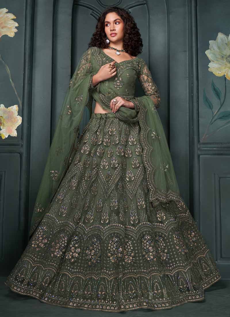 Vegaa Fashion Designer Mehendi Net Embroidery Bridal Lehenga - Distacart