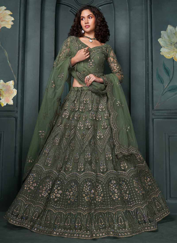 Vegaa Fashion Designer Mehendi Net Embroidery Bridal Lehenga
