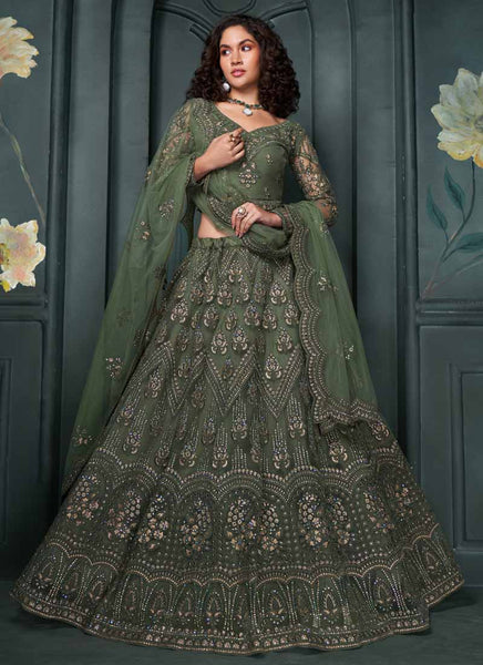 Vegaa Fashion Designer Mehendi Net Embroidery Bridal Lehenga