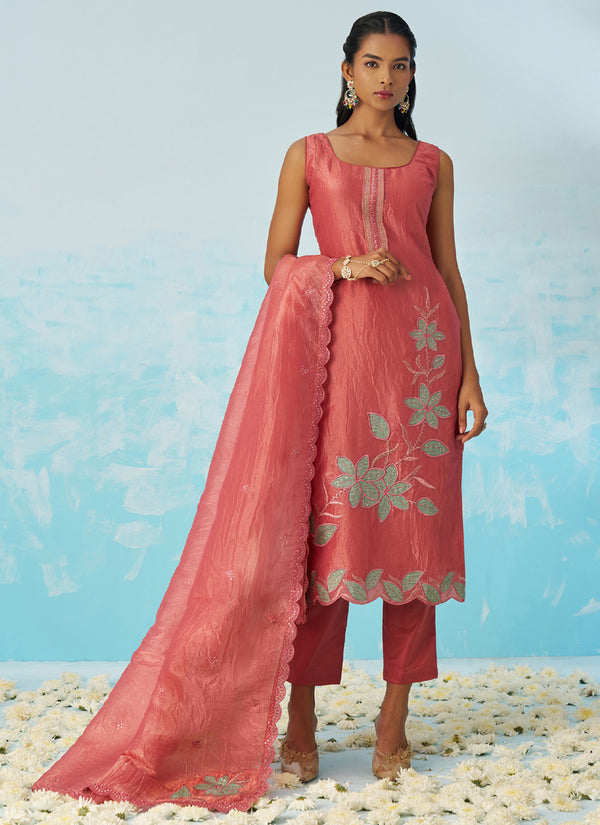 Vegaa Fashion Blush Red Silk Embroidered Designer Salwar Suit