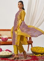 Thumbnail for Vegaa Fashion Yellow And Lavender Organza Embroidered Party Wear Suit - Distacart
