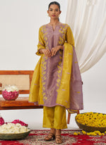 Thumbnail for Vegaa Fashion Yellow And Lavender Organza Embroidered Party Wear Suit - Distacart