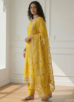 Thumbnail for Vegaa Fashion Yellow Shimmer Organza Embroidered Party Wear Suit - Distacart