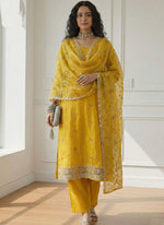 Thumbnail for Vegaa Fashion Yellow Shimmer Organza Embroidered Party Wear Suit - Distacart