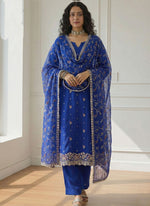 Thumbnail for Vegaa Fashion Blue Shimmer Organza Embroidered Party Wear Suit - Distacart