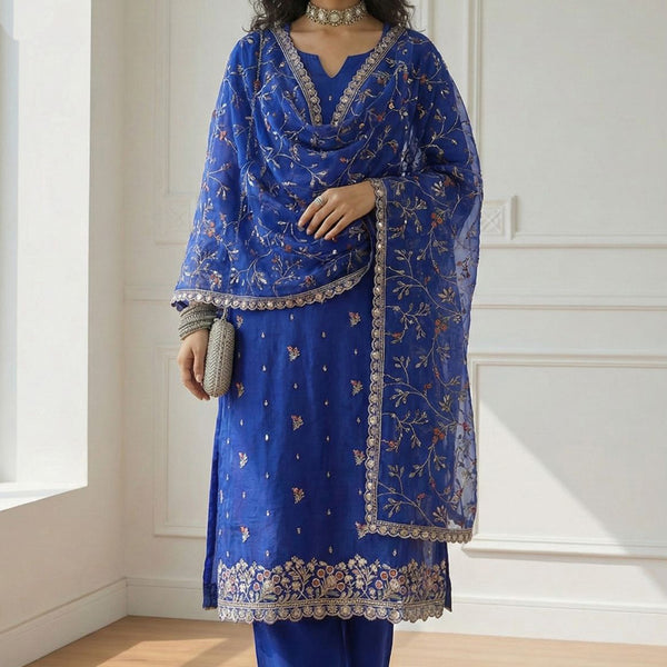 Vegaa Fashion Blue Shimmer Organza Embroidered Party Wear Suit - Distacart