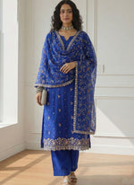 Thumbnail for Vegaa Fashion Blue Shimmer Organza Embroidered Party Wear Suit - Distacart