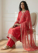 Thumbnail for Vegaa Fashion Red Shimmer Organza Embroidered Party Wear Suit - Distacart