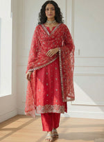 Thumbnail for Vegaa Fashion Red Shimmer Organza Embroidered Party Wear Suit - Distacart