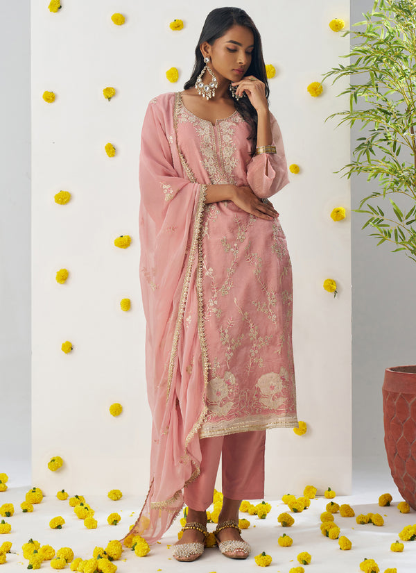 Vegaa Fashion Light Peach Organza Embroidered Salwar Suit